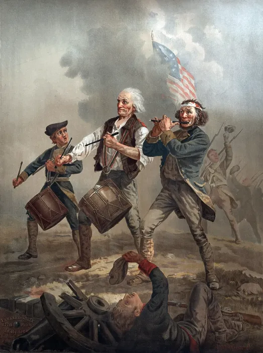 Framed Print : The American Revolution, Yankee Doodle 1776, three patriots, two playing drums and one playing a fife leading troops into battle, by Archibald M. Willard, circa 1876 Framed Print : The American Revolution, Yankee Doodle 1776, three patriots, two playing drums and one playing a fife leading troops into battle, by Archibald M. Willard, circa 1876