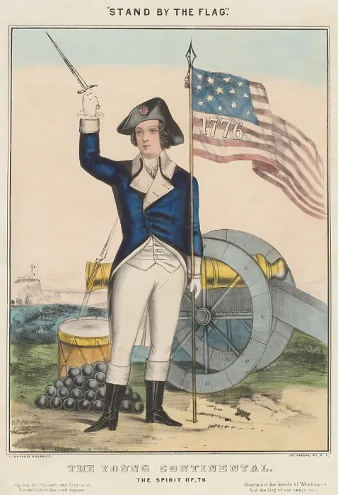 Framed Print : American Revolution. The young Continental: The Spirit of 76. Continental soldier waving short sword, and holding flag standing, near a cannon