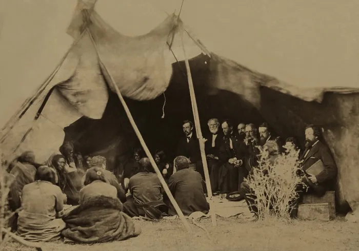 Framed Print : American Sioux Indians and United States Army Commissioners attend a peace council at Fort Laramie, 1868