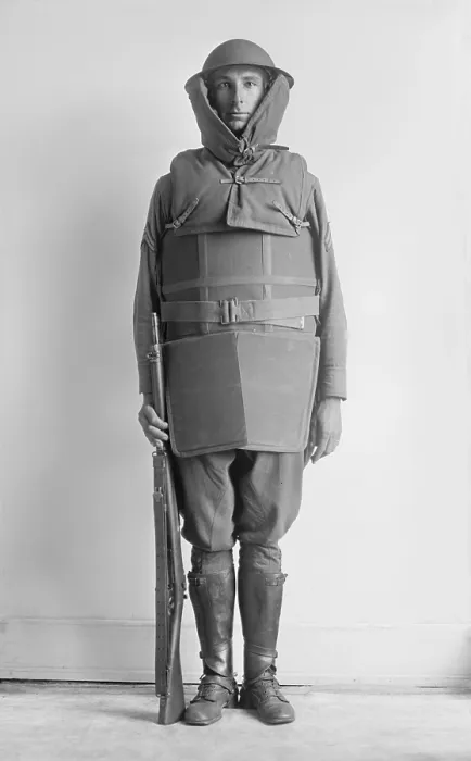 Framed Print : American soldier modeling World War 1 body armor, 1917-1918 (BSLOC_2016_13_153.jpg )