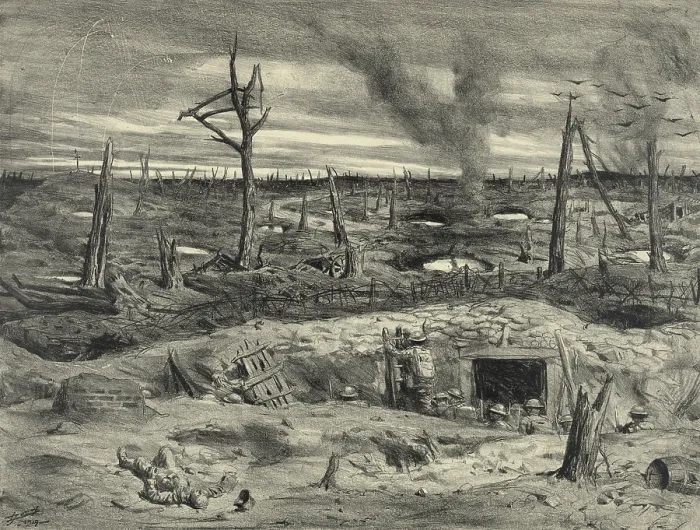 Framed Print : American soldiers emerging from shelter in No Man's Land during WW1 battle. 1917-18. 1927 lithograph by Lucian Jonas. (BSLOC_2012_4_40)