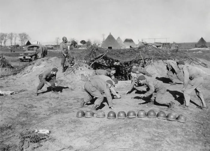 Framed Print : American soldiers of a field artillery battalion, playing football while off duty. They are on the Anzio Beachhead near Nettuno on Feb