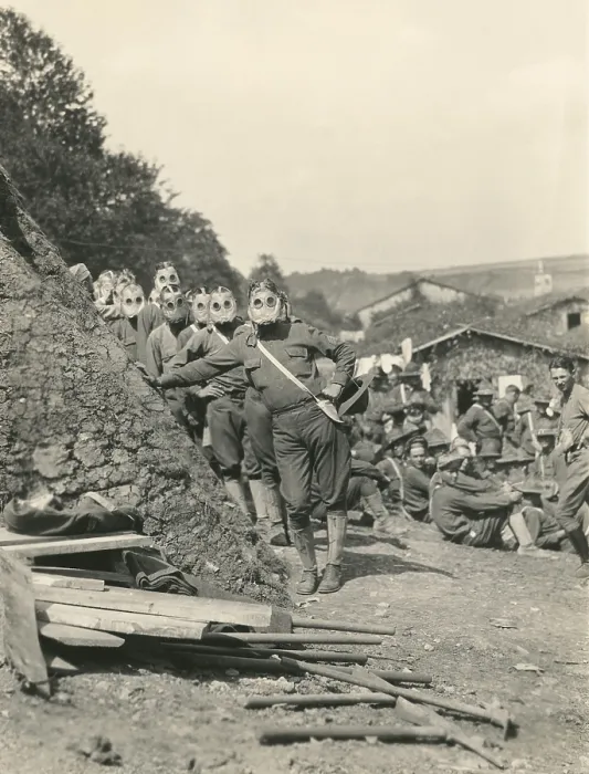 Framed Print : American soldiers standing next to earthen work fortifications, wearing gas masks. France, 1918 (BSLOC_2016_13_158.jpg )