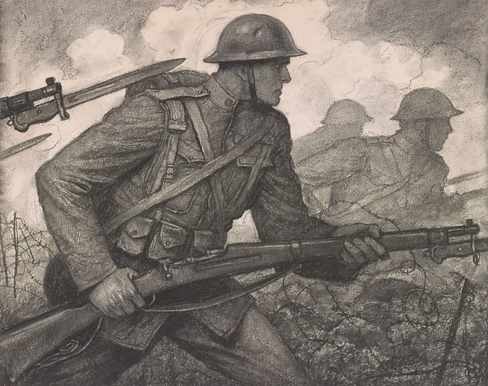 Framed Print : American soldiers WW1 soldiers advancing through barbed wire with rifles and fixed bayonets. 1918 charcoal drawing by American artist, Wladyslaw T. Benda (BSLOC_2017_1_46)