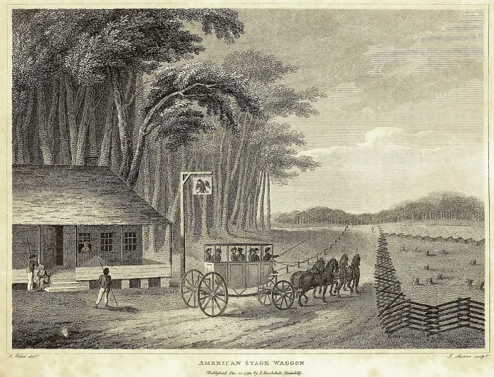 Framed Print : American Stage Wagon leaving a tavern. Ca. 1800 Framed Print : American Stage Wagon leaving a tavern. Ca. 1800