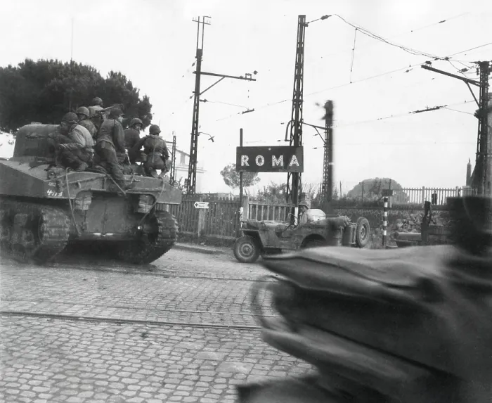 Framed Print : American tanks of the Fifth Army passing big signs for Roma at edge of the city. June 2-4, 1944. U.S
