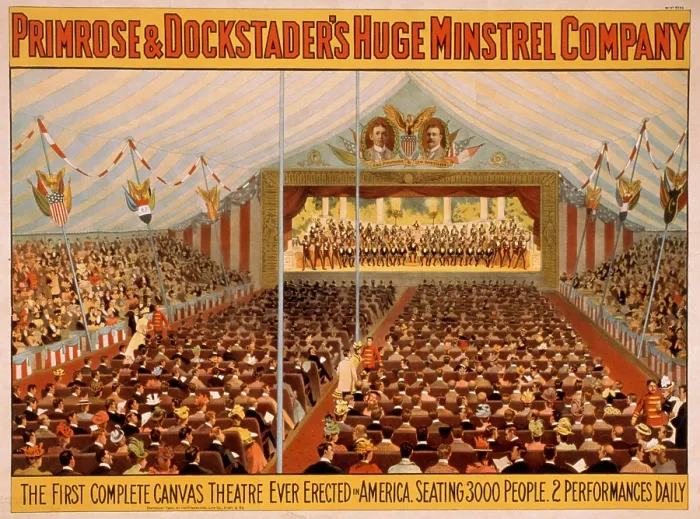 Framed Print : American theater used railroads to transport circus tent like theaters to audiences across the country. This minstrel show tent could seat 3000 people. Ca. 1900