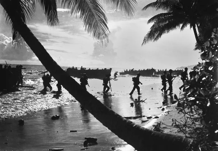 Framed Print : American troops of the 160th Infantry Regiment during amphibious landing training on Guadalcanal. March 1, 1944. (BSLOC_2013-12_162)