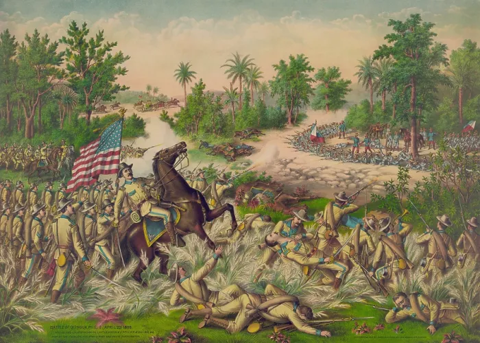 Framed Print : American troops advancing on Filipino troops behind earthworks at the Battle of Quingua. Philippine-American War, April 23, 1899
