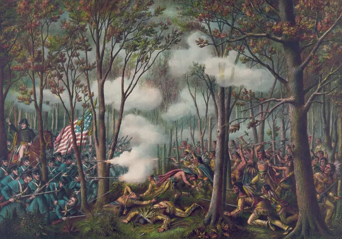 Framed Print : American troops under the leadership of General William Henry Harrison (on horse at far left) fighting the Indian forces of The Prophet, Tenskwatawa (the brother of Tecumseh)