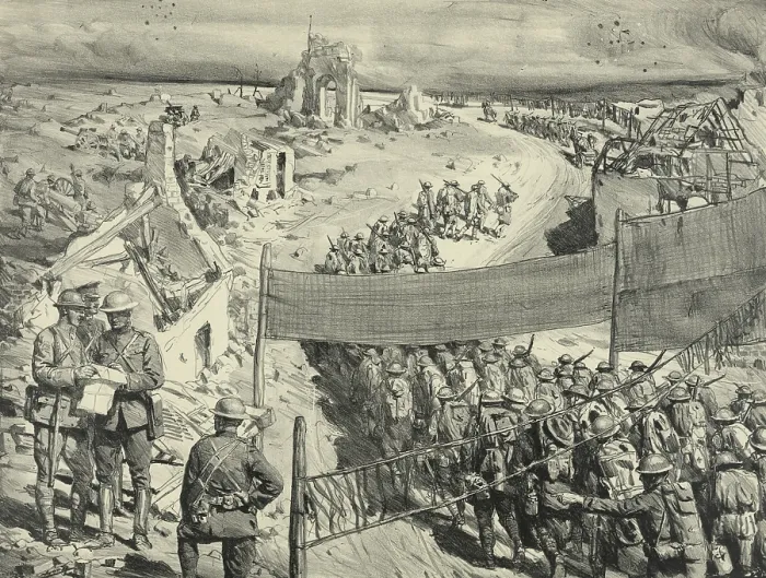 Framed Print : American troops marching on a camouflaged road during WW1. 1917-18. The strips of canvas were covered with grass to resemble a meadow to aviators. 1927 lithograph by Lucian Jonas Framed Print : American troops marching on a camouflaged road during WW1. 1917-18. The strips of canvas were covered with grass to resemble a meadow to aviators. 1927 lithograph by Lucian Jonas