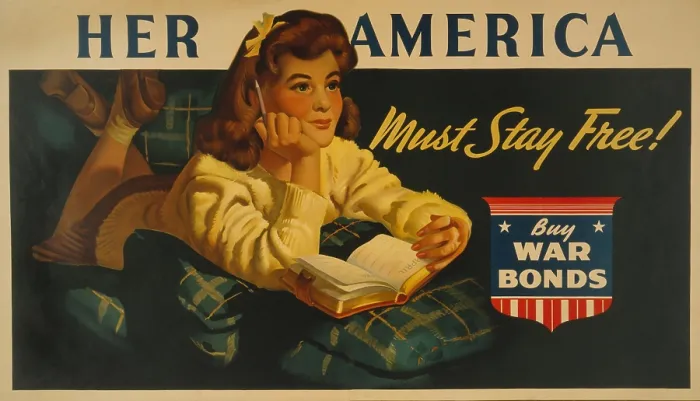 Framed Print : American World War 2 poster. Her America must stay free! Buy war bonds, reads a poster showing a daydreaming teenage girl about to write in her diary. Ca. 1943 Framed Print : American World War 2 poster. Her America must stay free! Buy war bonds, reads a poster showing a daydreaming teenage girl about to write in her diary. Ca. 1943