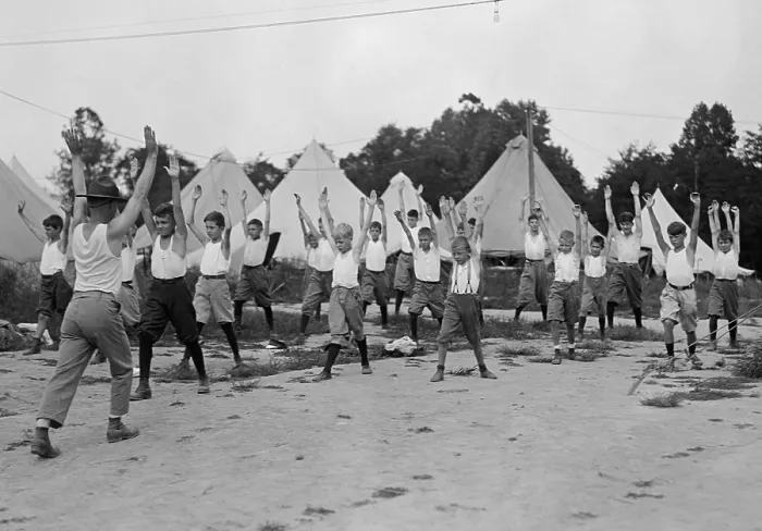 Framed Print : American WW1 era Junior Marines doing calisthenics. 1919. (BSLOC_2012_4_43)