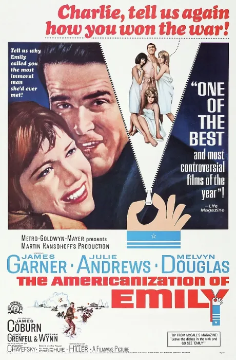 Framed Print : THE AMERICANIZATION OF EMILY, US poster, from left: Julie Andrews, James Garner, Judy Carne, James Coburn, Kathy Kersh, Janine Gray (seated), 1964