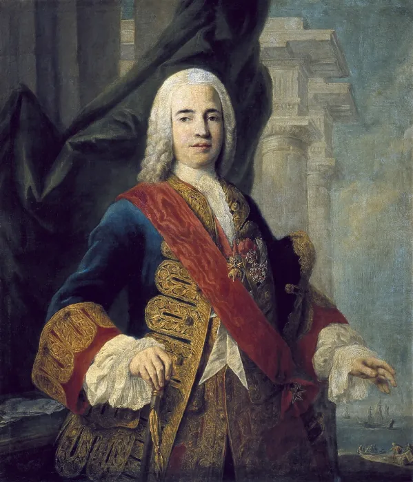 Framed Print : AMIGONI, Jacopo (1682-1752). The Marques de la Ensenada. ca. 1750. Portrait dressed with the Golden Fleece and the Order of St. Januarius. Rococo. Oil on canvas. SPAIN. Madrid