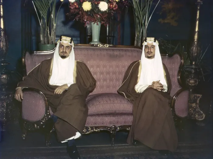 Framed Print : Amir Khalid right and Amir Faisal sons of King Ibn Saud of Saudi Arabia. The Saudi princes made a study of irrigation projects in the US. Ca. 1941 Framed Print : Amir Khalid right and Amir Faisal sons of King Ibn Saud of Saudi Arabia. The Saudi princes made a study of irrigation projects in the US. Ca. 1941