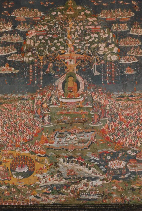Framed Print : AMITABHA, THE BUDDHA OF THE WESTERN PURE LAND, Tibetan, Buddhist, 18th c. painting. Amitayus, the Buddha of Eternal Life, in his paradise, Sukhavati, the Western Pure Land