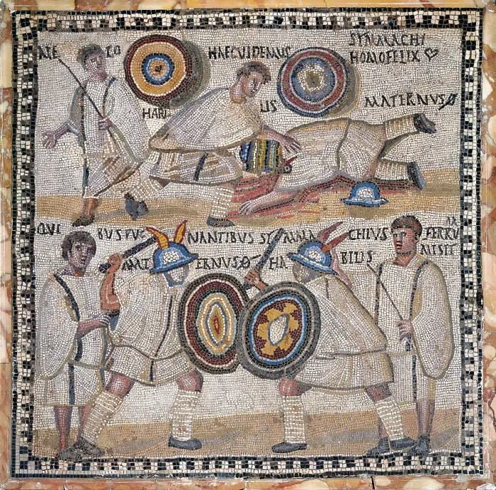 Framed Print : Amphitheatre scene. Gladiators (4th c.). Roman art. Late Empire. Mosaic. SPAIN. Madrid. National Museum of Archaeology. AISA / Everett Collection**US SALES ONLY**