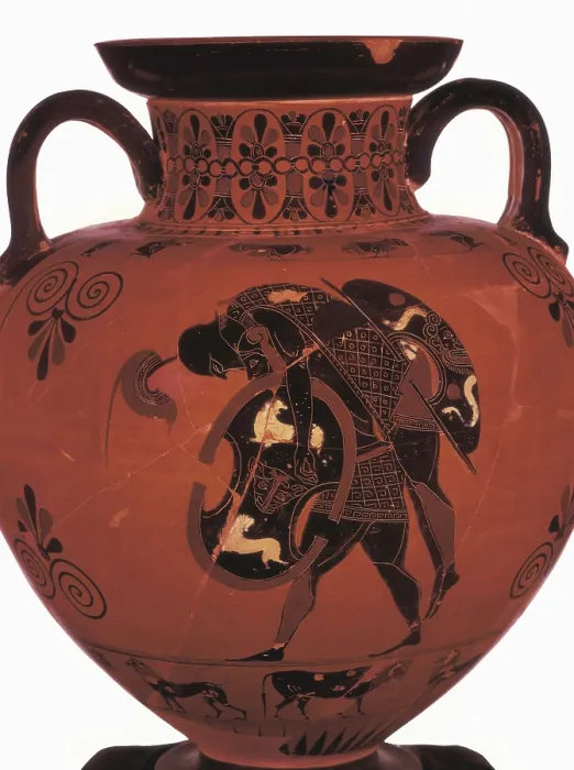 Framed Print : Amphora depicting Ajax carrying the body of Achilles. 6th c. BC. Archaic Greek art. Ceramics. GERMANY. Munich