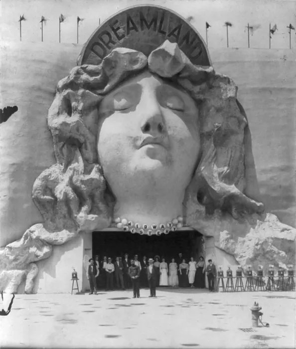 Framed Print : Amusement parks, On the Midway, group of people posed at entrance to Dreamland, decorated with bas-relief of sleeping woman, Pan-American Exposition, Buffalo, New York