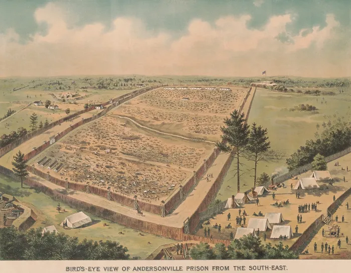 Framed Print : Andersonville Prison was a Confederate prison camp surrounded by two stockade fences, with four banks of cannons aimed inward, at the prisoner compound Framed Print : Andersonville Prison was a Confederate prison camp surrounded by two stockade fences, with four banks of cannons aimed inward, at the prisoner compound