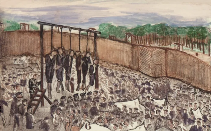 Framed Print : Andersonville Prison. Hanging the Raiders leaders on July 11, 1864. A gang of about 100 prisoners robbed their fellow inmates of food, blankets, and valuables Framed Print : Andersonville Prison. Hanging the Raiders leaders on July 11, 1864. A gang of about 100 prisoners robbed their fellow inmates of food, blankets, and valuables