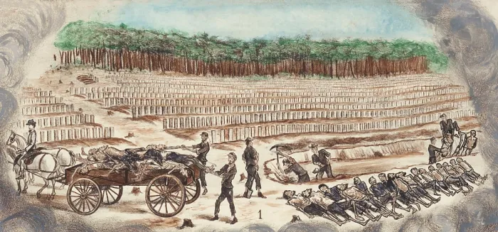 Framed Print : Andersonville Prison. Prisoners work on a burial detail in the Andersonville cemetery. Some men are digging a long trench, as others unload and line up the dead for burial Framed Print : Andersonville Prison. Prisoners work on a burial detail in the Andersonville cemetery. Some men are digging a long trench, as others unload and line up the dead for burial