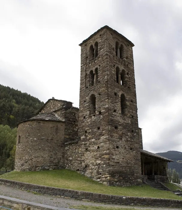 Framed Print : ANDORRA. Canillo. Church of Sant Joan de Caselles (12th c). Three-level bell tower decorated with Lombard-style windows. Romanesque art