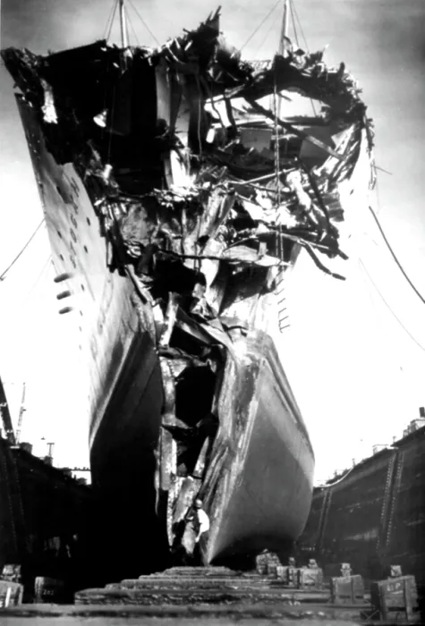 Framed Print : Andrea Doria Disaster. This head-on view of the mangled remnant of the bow of the Swedish ocean liner Stockholm, as it rests in drydock at Bethlehem Steel Company, Brooklyn, NY Framed Print : Andrea Doria Disaster. This head-on view of the mangled remnant of the bow of the Swedish ocean liner Stockholm, as it rests in drydock at Bethlehem Steel Company, Brooklyn, NY