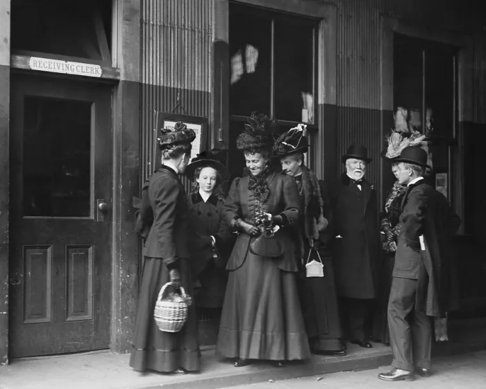 Framed Print : Andrew Carnegie with white beard his wife Louise 3rd from left and their daughter Margaret 2nd from left at a New York City railroad station. Ca. 1910. (BSLOC_2010_18_19) Framed Print : Andrew Carnegie with white beard his wife Louise 3rd from left and their daughter Margaret 2nd from left at a New York City railroad station. Ca. 1910. (BSLOC_2010_18_19)