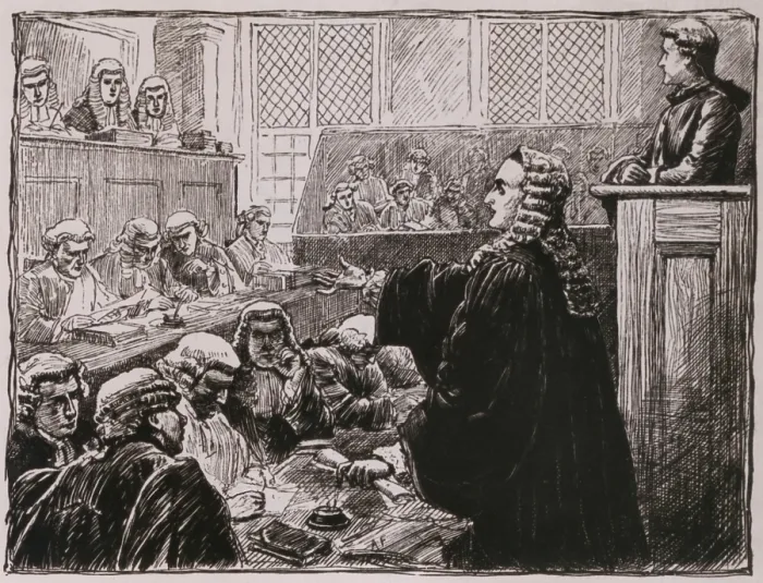 Framed Print : Andrew Hamilton, Peter Zenger's (seated, upper right) defense lawyer, argues against his guilt for seditious libel against the colonial governor Framed Print : Andrew Hamilton, Peter Zenger's (seated, upper right) defense lawyer, argues against his guilt for seditious libel against the colonial governor