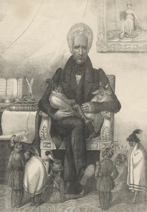 Framed Print : Andrew Jackson as the Great Father, sits in an armchair, holding two diminutive Native Americans on his lap, with others nearby at his feet
