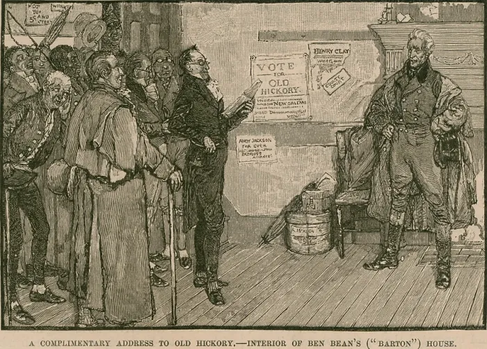 Framed Print : Andrew Jackson receives a complimentary address from supporters at Ben Beans Barton House an inn on the National Road Cumberland Highway the first major improved
