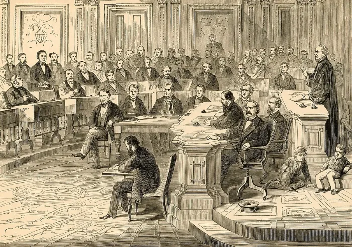 Framed Print : Andrew Johnson's Impeachment Trial in the United States Senate. View of the Chief Justice Salmon Chase standing in judicial robes on the Senate rostrum