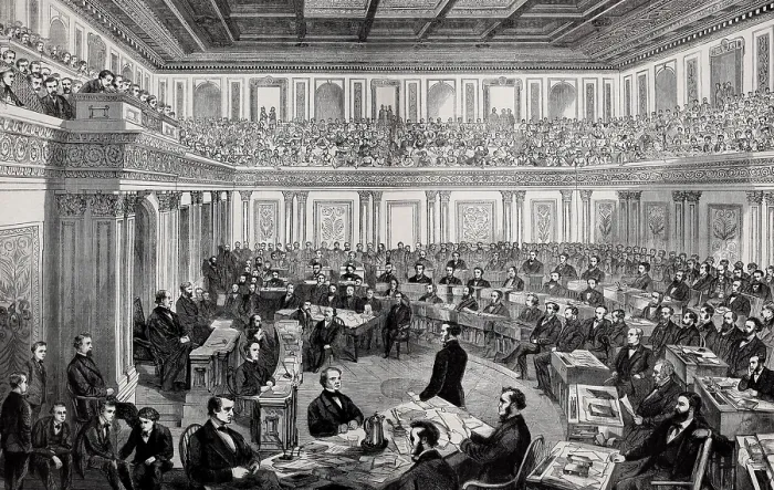 Framed Print : Andrew Johnson's impeachment in the United States Senate. Wood engraving of eye-witness drawing by Theodore R. Davis, published in Harper's Weekly, April 11, 1868