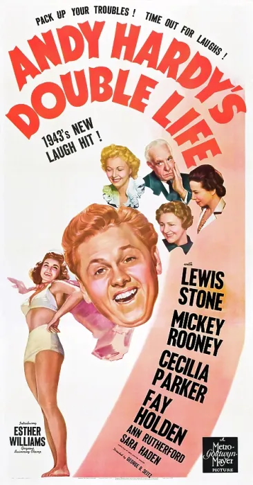 Framed Print : ANDY HARDY'S DOUBLE LIFE, from lower left: Esther Williams, Mickey Rooney, Cecilia Parker, Lewis Stone, Fay Holden, Sara Haden on poster art, 1942 Framed Print : ANDY HARDY'S DOUBLE LIFE, from lower left: Esther Williams, Mickey Rooney, Cecilia Parker, Lewis Stone, Fay Holden, Sara Haden on poster art, 1942