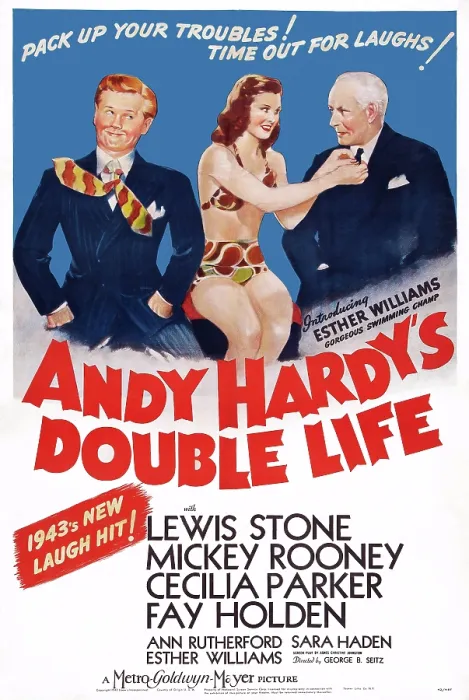 Framed Print : ANDY HARDY'S DOUBLE LIFE, US poster art, from left: Mickey Rooney, Esther Williams, Lewis Stone, 1942