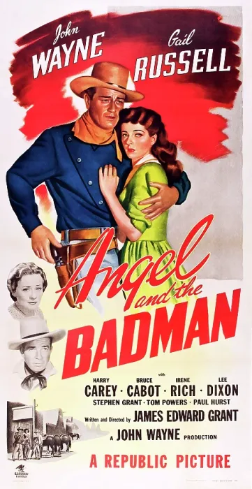 Framed Print : ANGEL AND THE BADMAN, top l-r: John Wayne, Gail Russell, bottom: Irene Rich on poster art, 1947 Framed Print : ANGEL AND THE BADMAN, top l-r: John Wayne, Gail Russell, bottom: Irene Rich on poster art, 1947