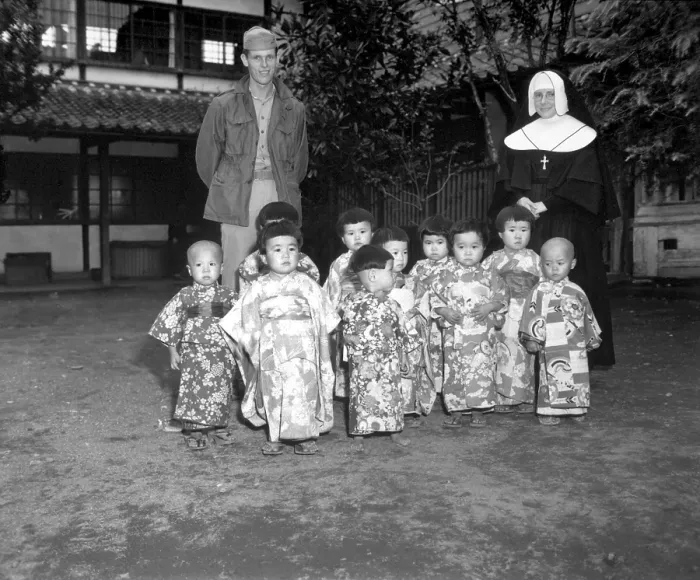 Framed Print : Angel Guardian Home, a Catholic home for orphans, in Kumanoto, Japan. Sister St. Paul had the orphans dress in their finest clothes to have their picture taken by a U.S