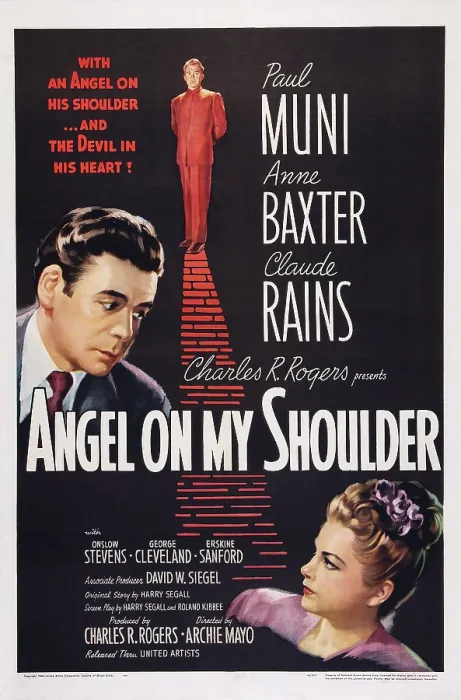 Framed Print : ANGEL ON MY SHOULDER, US poster art, from left: Paul Muni, Claude Rains, Anne Baxter, 1946