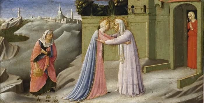 Framed Print : ANGELICO, Fra (1387-1455). The Annunciation. 1430s. Detail of the predella depicting the Visitation. Renaissance art. Quattrocento. Tempera on wood. ITALY. San Giovanni Valdarno