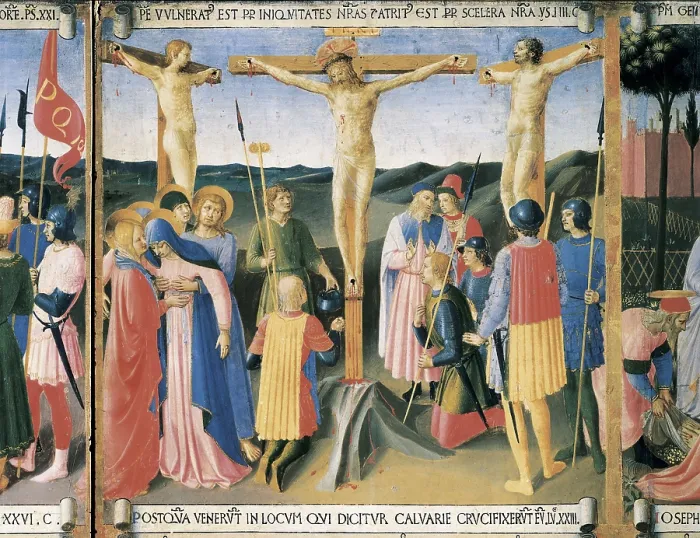 Framed Print : ANGELICO, Fra (1387-1455). Armadio degli Argenti. 1450. Detail with the Crucifixion scene. Renaissance art. Quattrocento. Tempera on wood. ITALY. Florence. Museo di San Marco (St)
