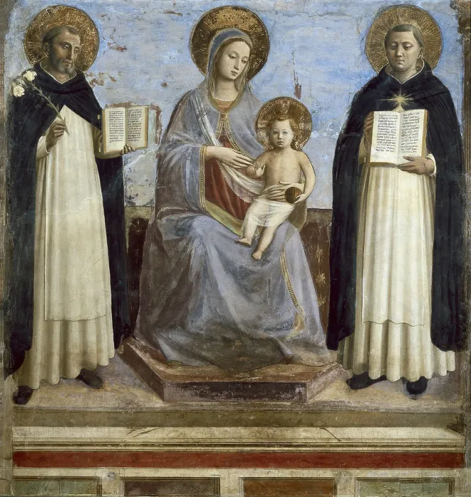 Framed Print : ANGELICO, Fra (1387-1455). The Virgin and Child with SS Dominic and Thomas Aquinas. 1424-1430. Renaissance art. Quattrocento. Fresco. RUSSIA. Saint Petersburg