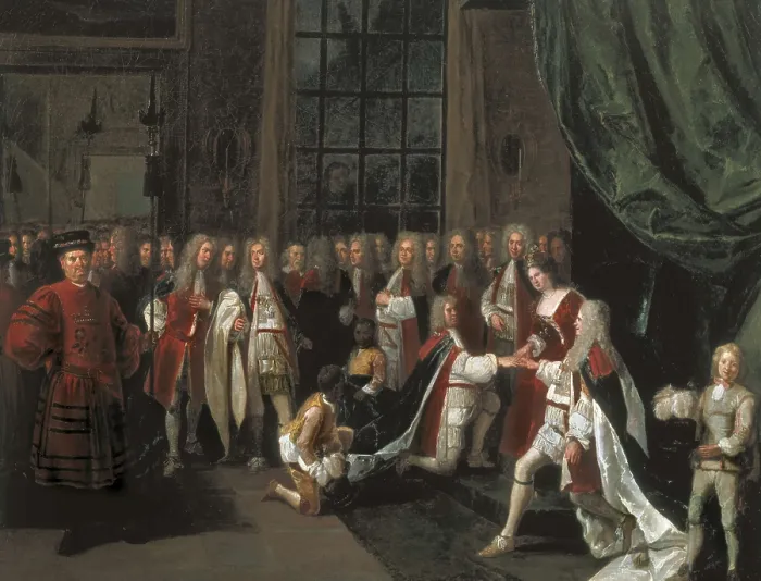 Framed Print : ANGELIS, Peter (1685-1734). Queen Anne and the Knights of the Garter. ca. 1713. Oil on canvas. UNITED KINGDOM. London. National Portrait Gallery