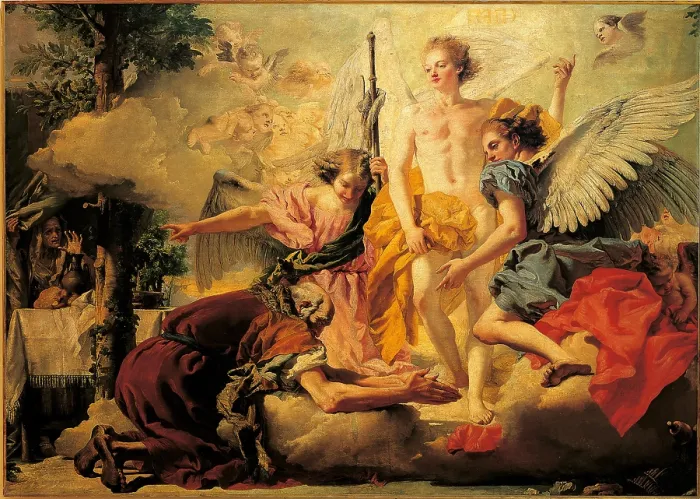 Framed Print : The Three Angels appearing to Abraham, by Giandomenico Tiepolo, 1773 - 1774, 18th Century, oil on canvas, cm 200 x 281 - Italy, Veneto, Venice, Accademia Art Galleries. All