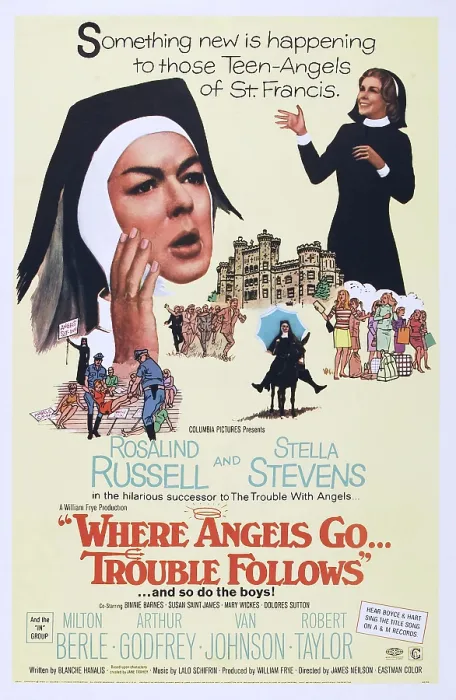 Framed Print : WHERE ANGELS GO... TROUBLE FOLLOWS, US poster art, from left: Rosalind Russell, Stella Stevens, 1968