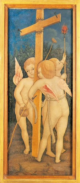 Framed Print : Angels with the Instruments of the Passion, Master of 1458, 1458, 15th century, tempera on board, 53 x 21 cm - Italy, Lombardy, Bergamo, Carrara Academy. Whole artwork view