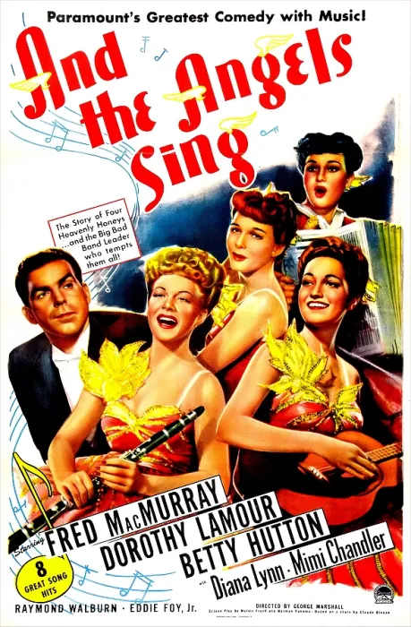 Framed Print : AND THE ANGELS SING, US poster, front row from left: Fred MacMurray, Betty Hutton, Dorothy Lamour, back row: Diana Lynn, Mimi Chandler, 1944