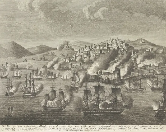 Framed Print : An Anglo-Dutch fleet bombarded Algiers on August 27, 1816. European ships and munitions were deadly enough to devastate the Algerian fleet, harbor, and defenses