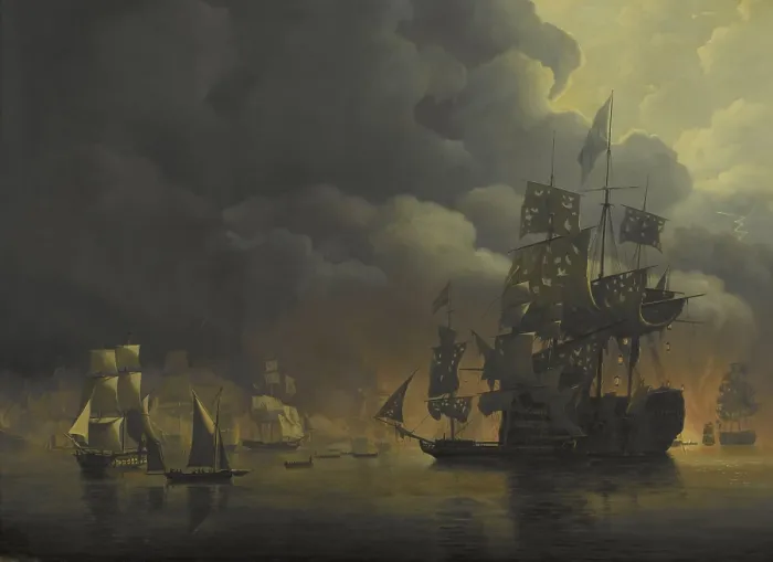 Framed Print : The Anglo-Dutch Fleet under Lord Exmouth and Vice Admiral Jonkheer Theodorus Frederik van Capellen putting out the Algerian Strongholds, August 27, 1816, by Nicolaas Baur, 1818